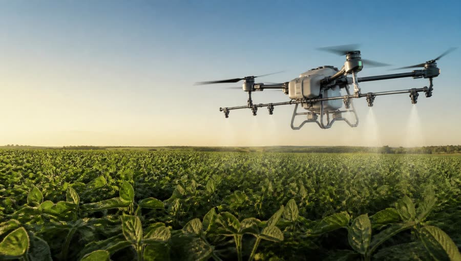 Drone agrícola DJI Agras pulverizando uma lavoura de soja no Brasil